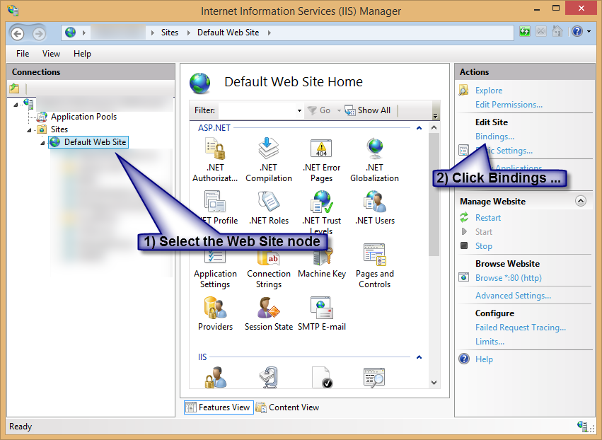Select WebSite Node and Click Bindings ...