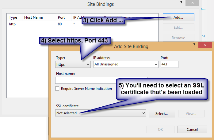 Click Add, Select HTTPS, Port 443, Select an SSL Certificate